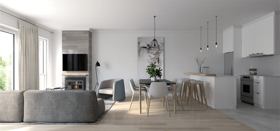 Aire ouverte avec salon, foyer, salle à manger et cuisine blanche moderne à Montréal